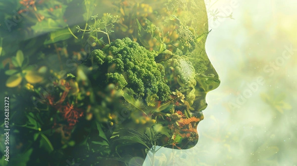Fototapeta A serene double exposure artfully blends a womans profile with lush greenery, symbolizing natures intrinsic connection to the human spirit and consciousness