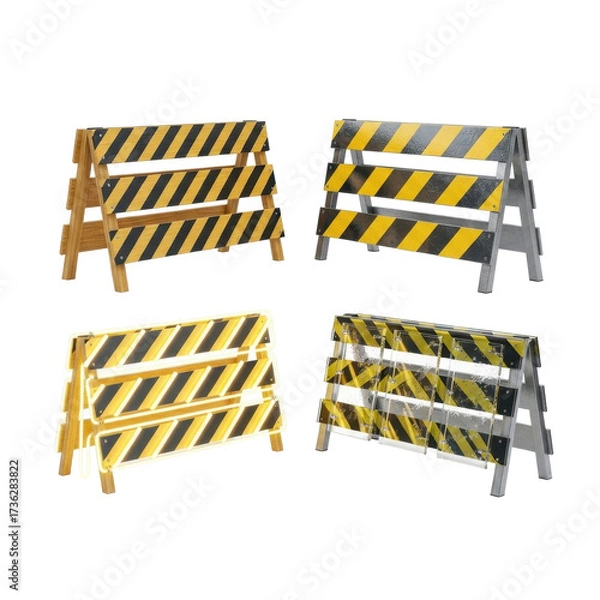Fototapeta Four construction barricades with yellow and black stripes, arranged on a white background.