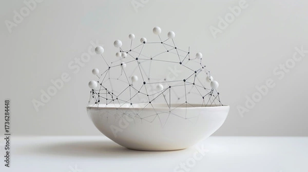 Fototapeta Minimalist bowl containing a network of interconnected spheres, isolated on white background, symbolizing connections and communication in a modern context