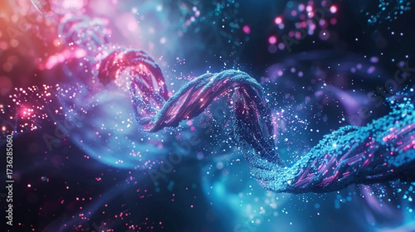 Fototapeta Abstract dna strand with glowing particles, creating a futuristic and technological representation of genetic information and scientific advancement with vibrant colors