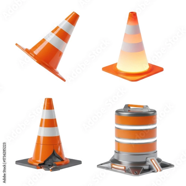 Fototapeta Four different orange and white traffic cones are displayed, two traditional and two with a futuristic design.