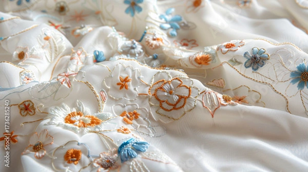 Fototapeta Delicate white fabric adorned with pastel floral embroidery, capturing the essence of spring and elegance isolated on white background