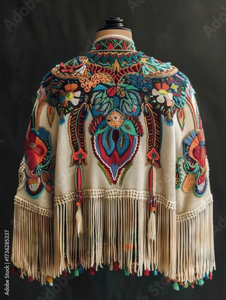 Fototapeta Exquisite vintage shawl featuring intricate floral embroidery and fringe detailing, showcasing timeless elegance and craftsmanship isolated on white background