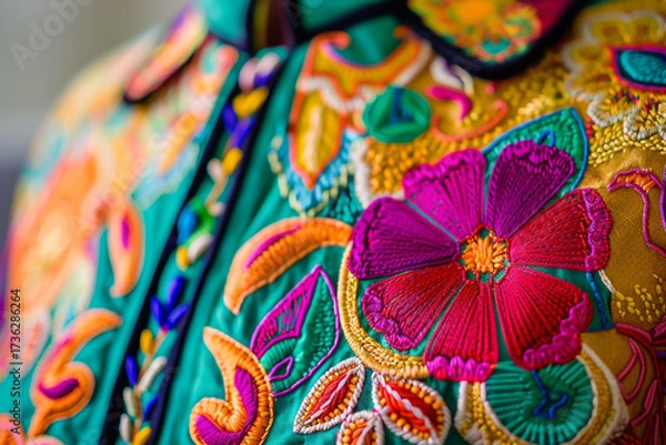 Fototapeta Detailed view of a vibrant embroidered garment featuring colorful floral designs and intricate stitching, highlighting the artistry and craftsmanship involved
