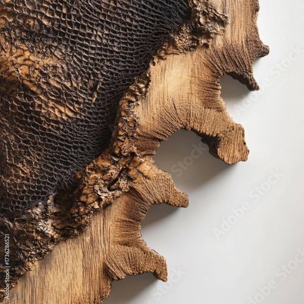 Fototapeta Closeup of a textured wooden sculpture with intricate patterns and a partially charred surface, isolated on white background, showcasing natural artistry
