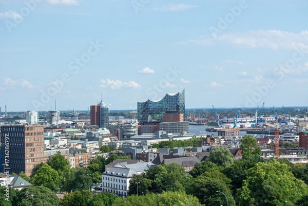 Fototapeta Panoramic city skyline with modern architecture and harbor