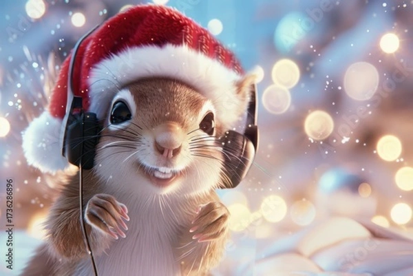 Fototapeta Squirrel dressed for Christmas listens to music in snow, ready for holiday sales content and winter theme projects