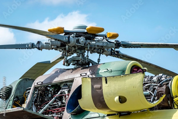 Fototapeta View of the main turbine engine and rotor of a military helicopter