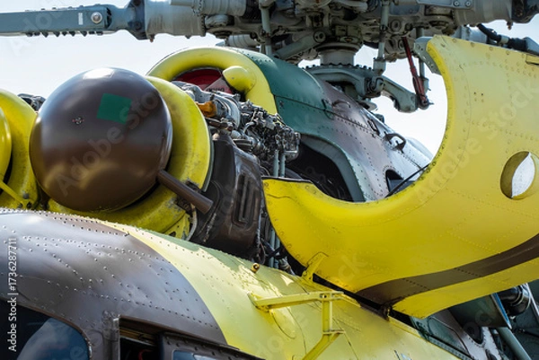 Fototapeta View of the main turbine engine and rotor of a military helicopter