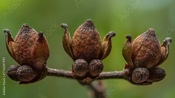 Fototapeta Closeup of three seed pods on a branch, showcasing natures intricate details and textures against a blurred green background, capturing botanical beauty