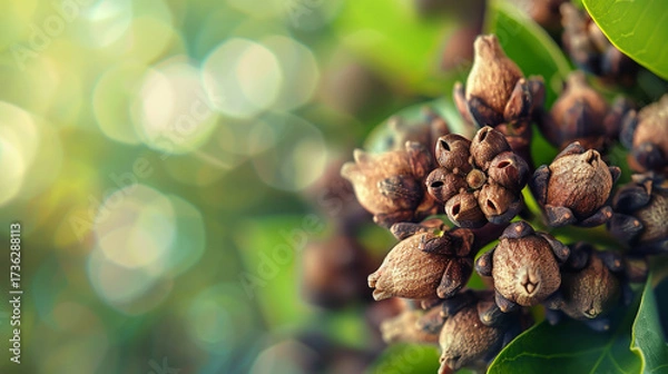 Fototapeta A captivating closeup of dried flower buds, showcasing their intricate textures and earthy tones against a soft, blurred backdrop of greenery and bokeh