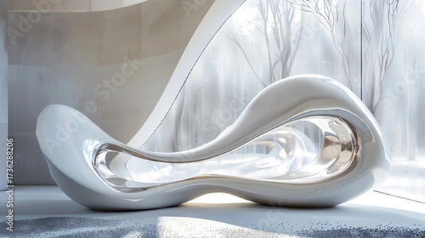 Fototapeta A futuristic white lounge chair with a sleek, organic design, isolated on white background, showcasing modern elegance and minimalist aesthetics