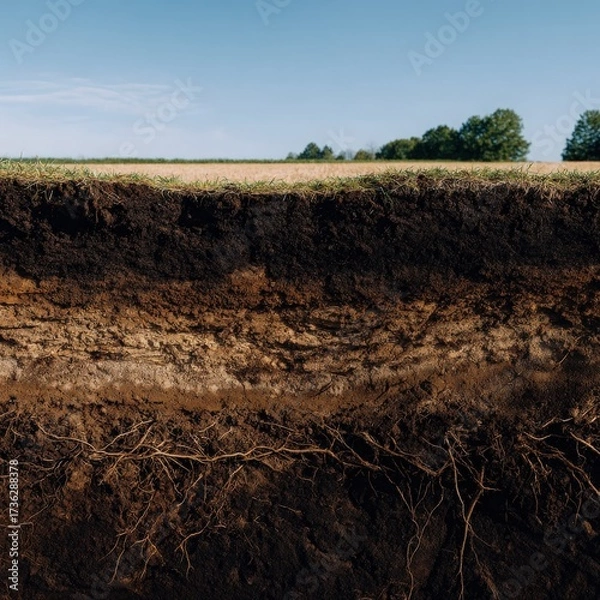 Fototapeta Soil Cross-Section with Roots and Sky