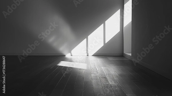 Fototapeta Sunlight streaming through a window casts long shadows across a wooden floor, creating a sense of warmth and tranquility isolated on white background