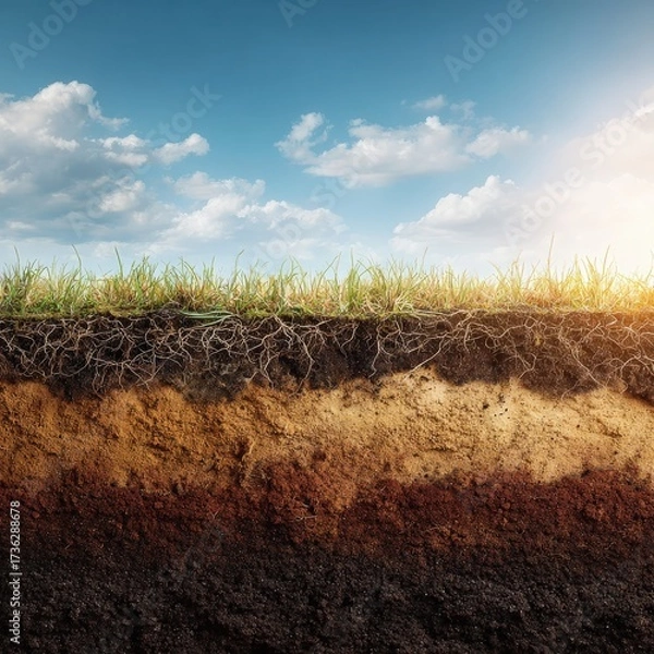 Fototapeta Soil Cross-Section with Grass and Sky