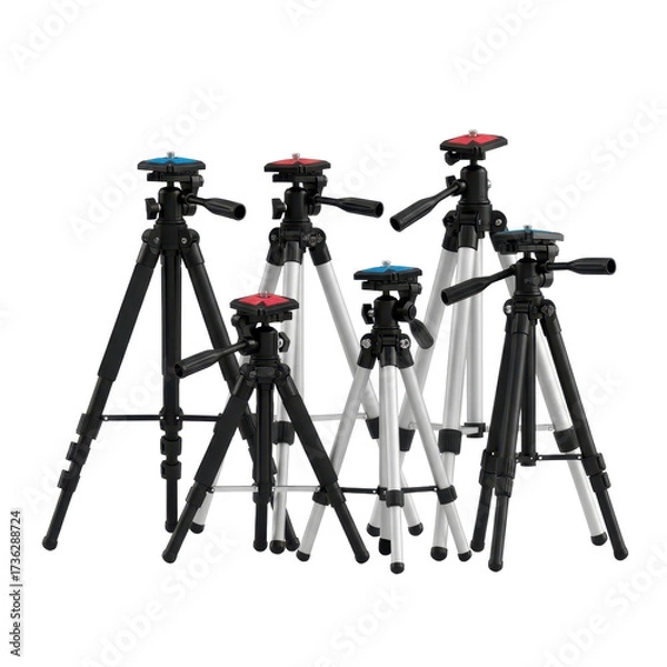 Fototapeta Several photographic tripods of varying sizes and colors are arranged together against a white background.
