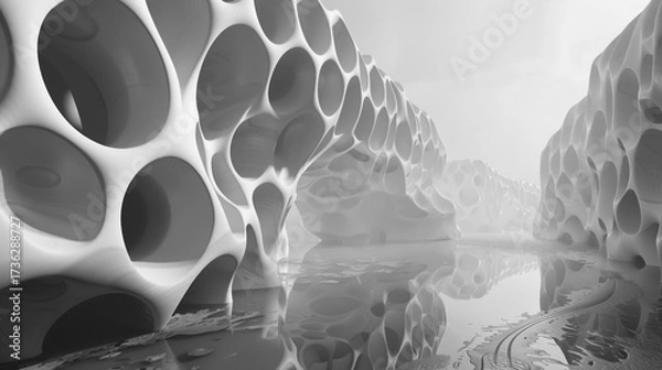 Fototapeta Abstract architecture with organic, porous structures and reflective surfaces creating a surreal, dreamlike atmosphere in grayscale tones