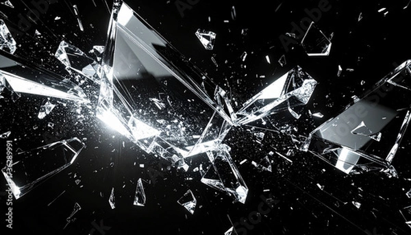 Fototapeta 黒背景に光るガラス片が舞うダイナミックな抽象アート – Abstract Shattered Glass Fragments Reflecting Light on Black Background