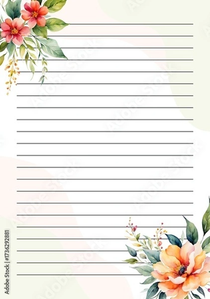 Fototapeta Elegant B5 binder paper template with lined layout and watercolor floral decoration, perfect for stationery, notes, or journaling.