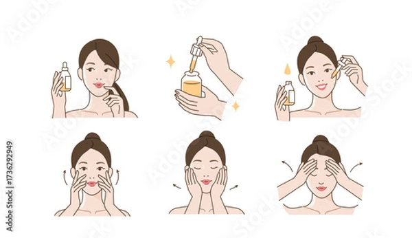 Fototapeta Girl applying facial serum set. Collection of woman using pipette dropper oil on her face and massaging skin. Beauty and skincare routine concept. Vector illustration. 