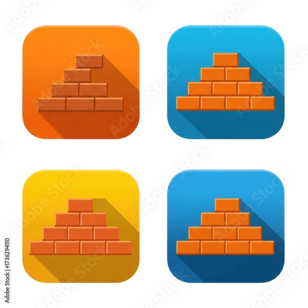 Fototapeta Four colorful square icons featuring a brick wall design with long shadows.