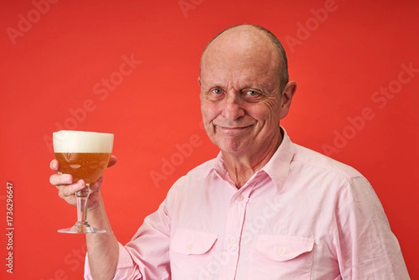 Fototapeta Closeup portrait of a elderly man in studio drinking a trappist beer