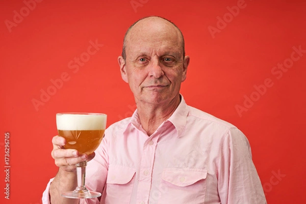 Fototapeta Closeup portrait of a elderly man in studio drinking a trappist beer