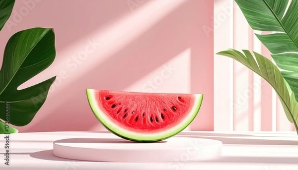 Fototapeta A vibrant watermelon slice sits atop a small, pink pedestal, surrounded by lush green tropical leaves and bathed in soft, natural sunlight against a pastel pink background, evoking a sense of...