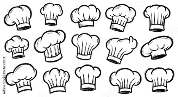Obraz Chef hats variations sketches illustration, cooking concept with many chef hats shapes