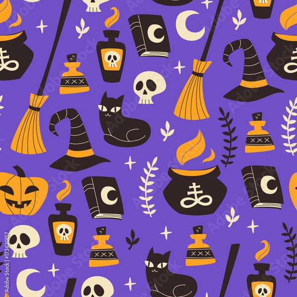 Obraz Halloween Seamless Pattern with Pumpkin, Cat, Skull and etc.