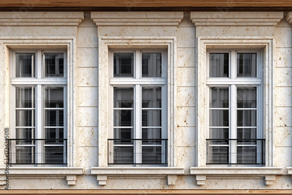 Fototapeta Elegant Exterior View of Three Windows with Architectural Details and a Beige Stone