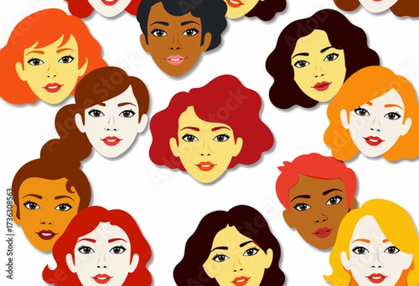 Fototapeta Illustration Showcasing Diversity and Expression Through Stylized Portraits of Women with Various Hairstyles and Skin Tones on a Light Background