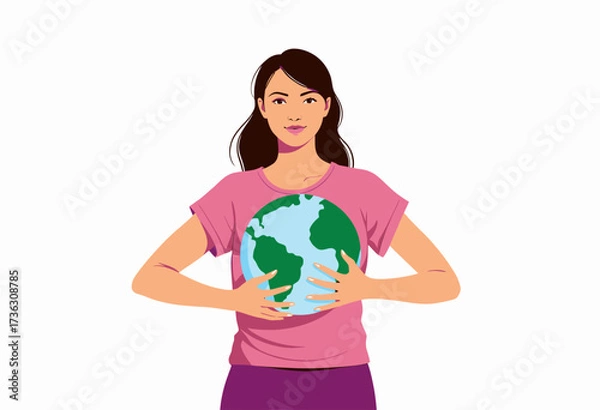 Fototapeta Illustration of a Woman Holding a Globe Symbolizing Global Awareness and Responsibility for Environmental Conservation and Earth Care