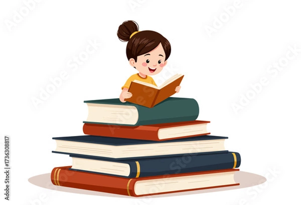 Fototapeta Young Girl Engrossed in Reading While Sitting Atop a Stack of Books in a Whimsical Illustration