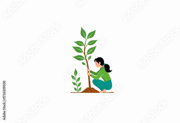 Fototapeta Illustration of a Woman Engaging in Tree Planting Activity to Promote Environmental Conservation and Sustainability Efforts in a Minimalist Style