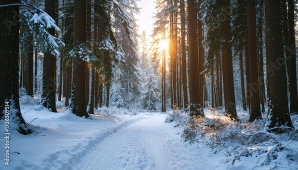 Fototapeta Snow Covered Forest Landscape with Frosty Winter Atmosphere