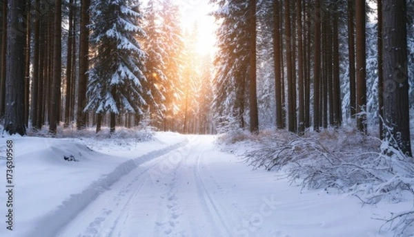 Fototapeta Winter Nature Scene with Snowy Forest and Hiking Path