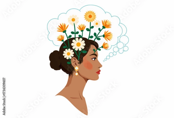 Fototapeta Illustration of a Woman with Floral Thought Bubbles, Featuring Diverse Flowers Representing Creativity, Contemplation, and Artistic Expression