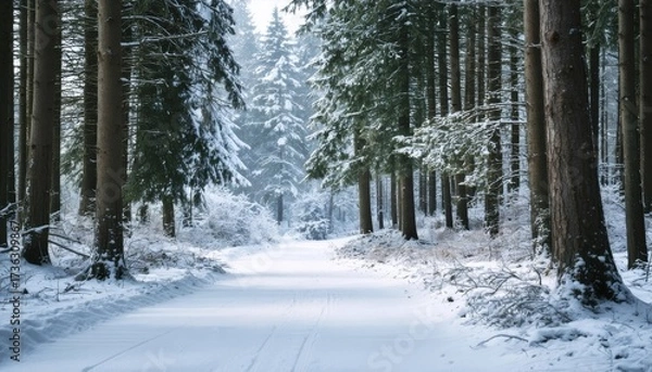 Fototapeta Frosty Winter Forest with Snow Covered Trees and Walking Trail