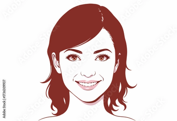 Fototapeta Expressive Illustration of Smiling Woman with Short Hair in Red-Tinted Monochrome Style on White Background