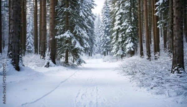 Fototapeta Snowy Winter Forest Landscape with Snow Covered Trees and Scenic Path