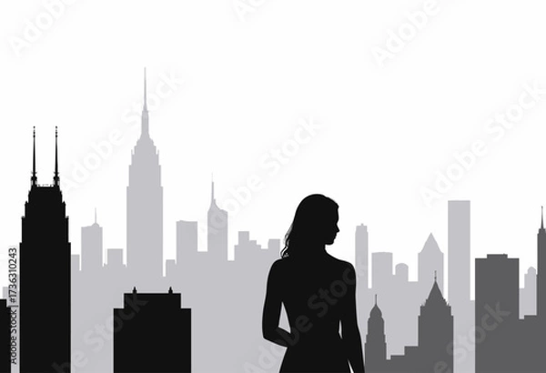 Fototapeta Silhouette of a Woman Standing in Front of a Majestic City Skyline at Dawn with Iconic Skyscrapers in a Striking Black and White Composition