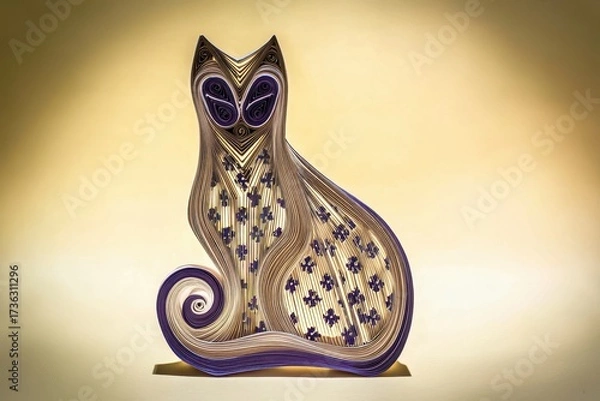 Fototapeta Animal Silhouette Quilling Concept. Stylized cat sculpture with intricate linework design.