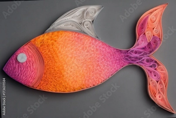Fototapeta Animal Silhouette Quilling Concept. Colorful abstract fish artwork with swirls and patterns.