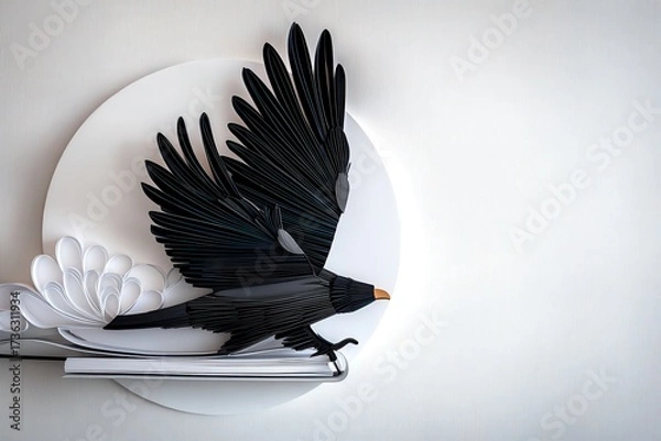 Fototapeta Animal Silhouette Quilling Concept. Artistic depiction of a bird with elegant wings on a plate.