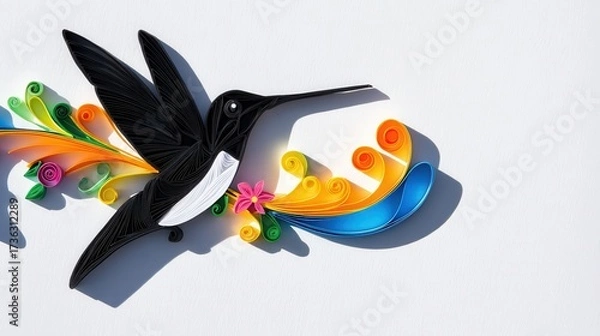 Fototapeta Animal Silhouette Quilling Concept. Colorful hummingbird illustration with flowing design elements.