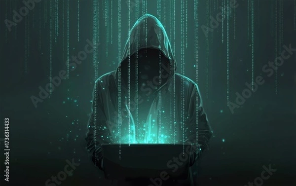 Fototapeta Mysterious Figure with Digital Code and Glowing Box