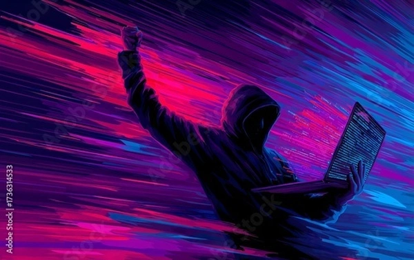 Fototapeta Hacker in Shadows with Bright Laptop Display