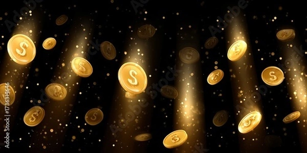 Fototapeta Falling Golden Coins with Sparkles