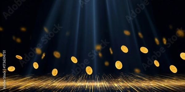 Fototapeta Falling Gold Coins with Light Rays
